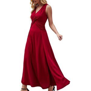 Women Burgundy Sleeveless V Neck Formal A-line Midi Cocktail Dress With Flutter